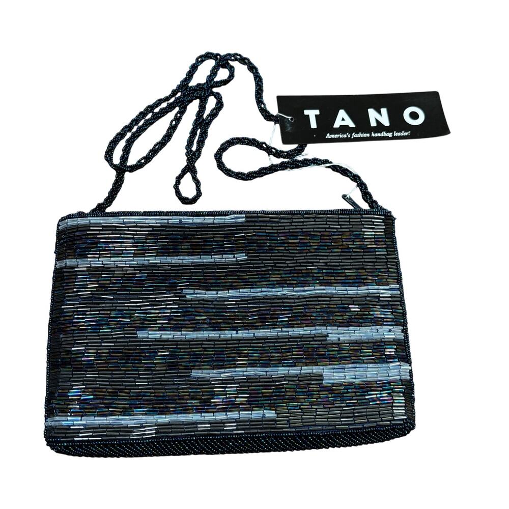 Vintage beaded evening bag black satin shoulderbag NEW tagged Tano 1990’s dressy